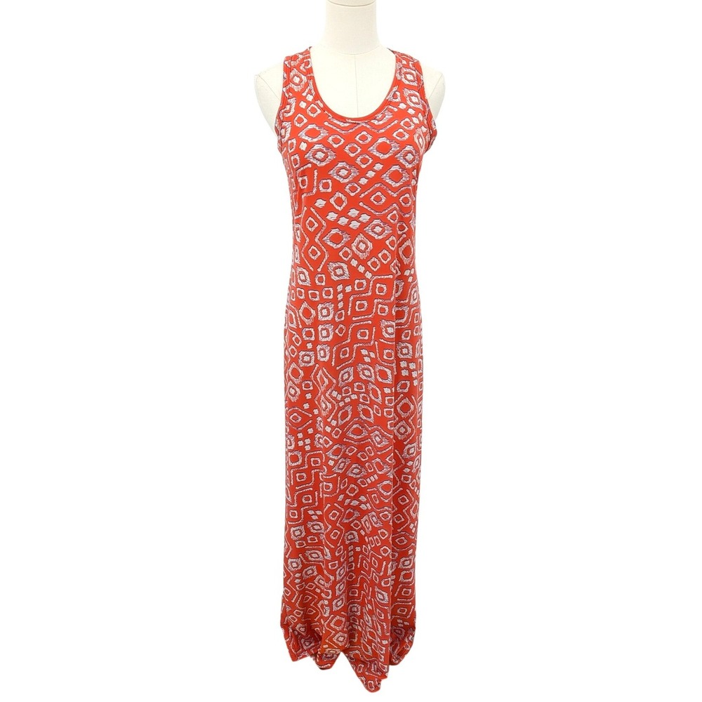 Orange Ikat Print Sleeveless Maxi Dress Stretchy Knit Summer Casual Size S
